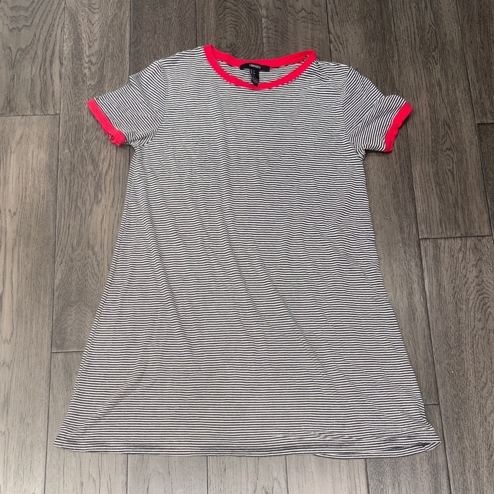 Short sleeve Striped pajama short Dress with Red trim